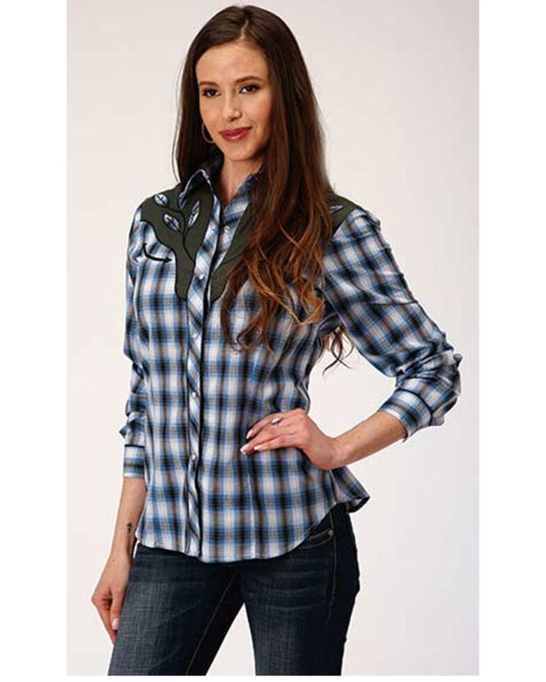 Roper Women's Plaid Print Contrast Yoke Long Sleeve Western Snap Shirt, Blue, hi-res