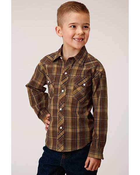 Roper Boys' Plaid Brown Western Snap Long Sleeve Shirt, Brown, hi-res