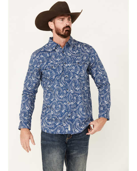 Moonshine Spirit Men's Record Player Floral Print Long Sleeve Snap Western Shirt, Navy, hi-res