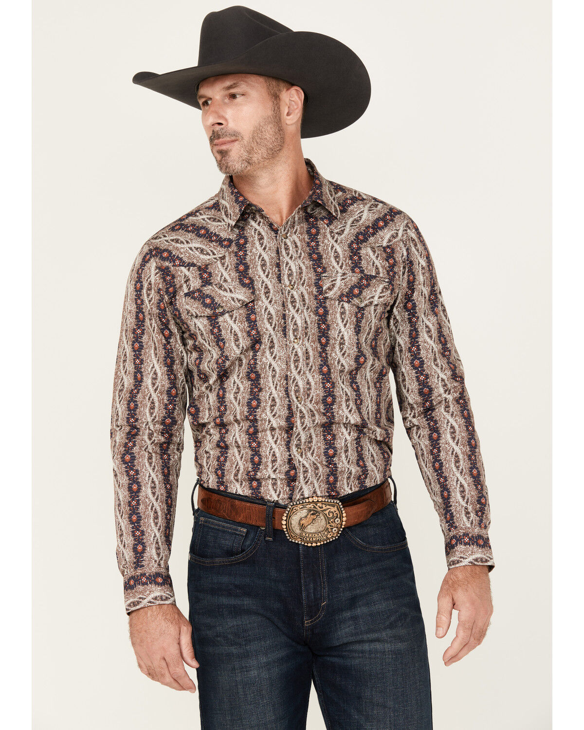 Image #1 - Gibson Trading Co Men's Floral Striped Print Long Sleeve Snap Stretch Western Shirt, Brown, hi-res