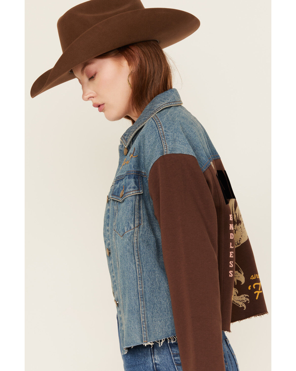 Image #3 - Cleo + Wolf Women's Mixed Material Graphic Jacket, Brown, hi-res