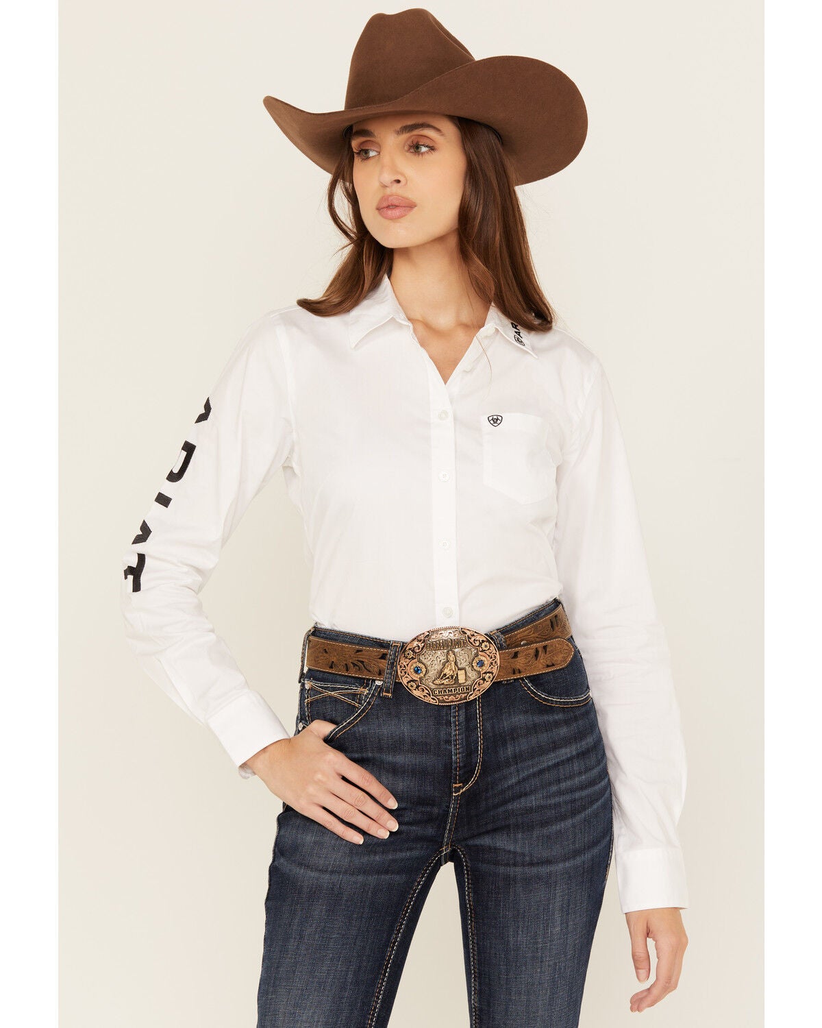 Ariat Women's Boot Barn Exclusive Team Kirby Long Sleeve Button-Down Stretch Western Shirt - Plus, White, hi-res
