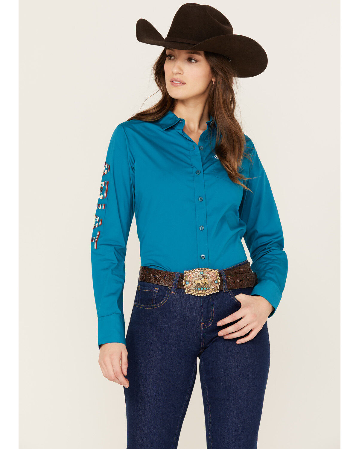 Image #2 - Ariat Women's Team Kirby Long Sleeve Button Down Stretch Western Shirt, Teal, hi-res