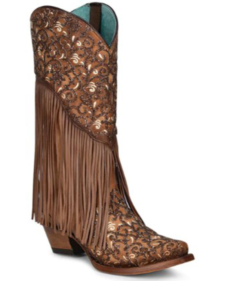 Corral Women's Honey Lamb Overlay Embroidered & Fringe Western Tall Boot - Snip Toe, Honey, hi-res