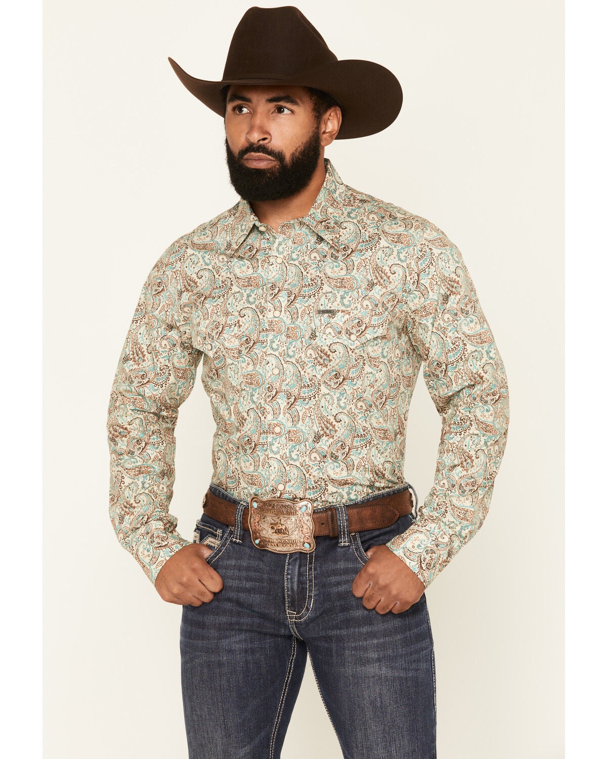 Image #1 - Rock & Roll Denim Men's Paisley Print Long Sleeve Snap Stretch Western Shirt, Teal, hi-res