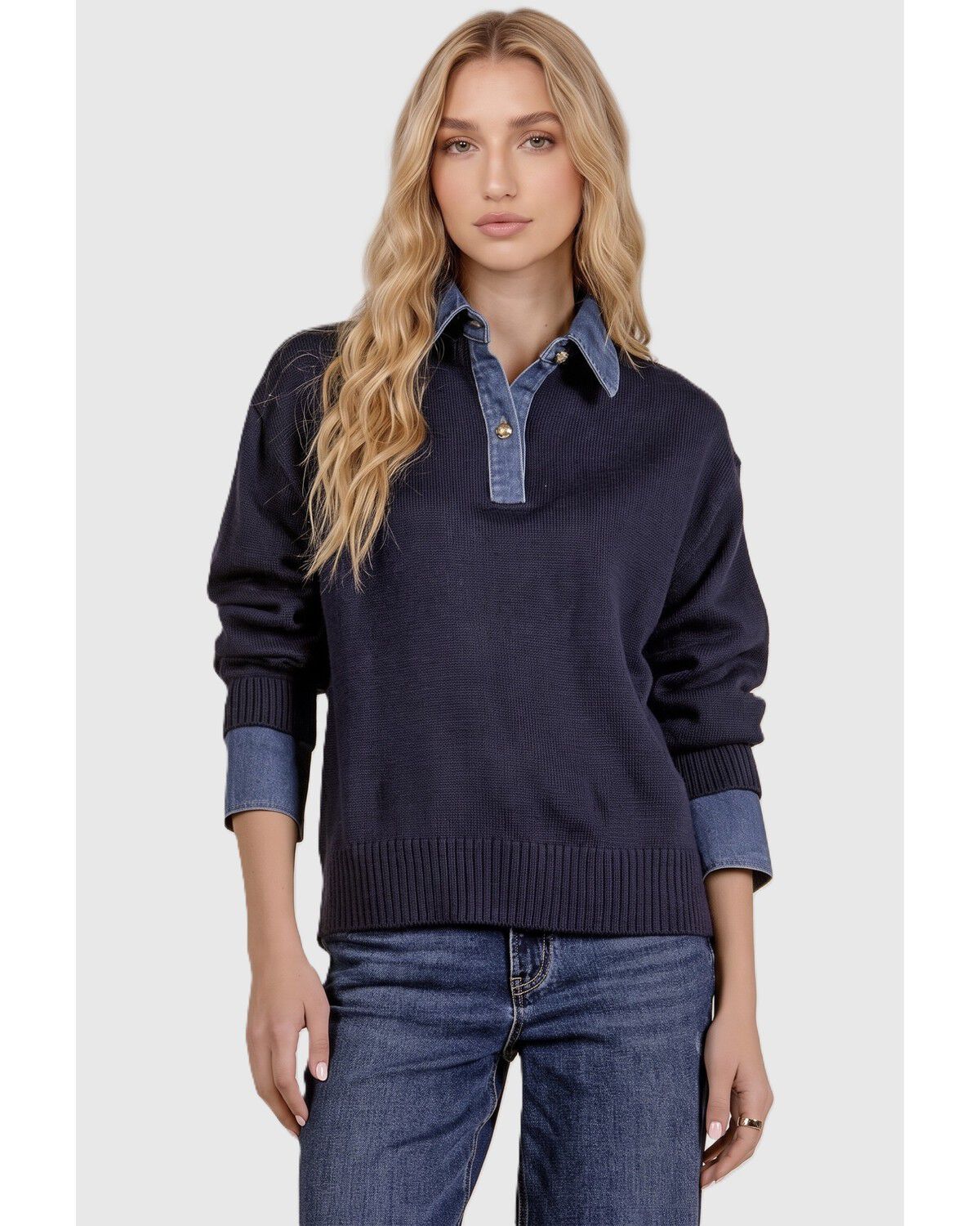 Revel Women's Denim Collar Sweater, Navy, hi-res