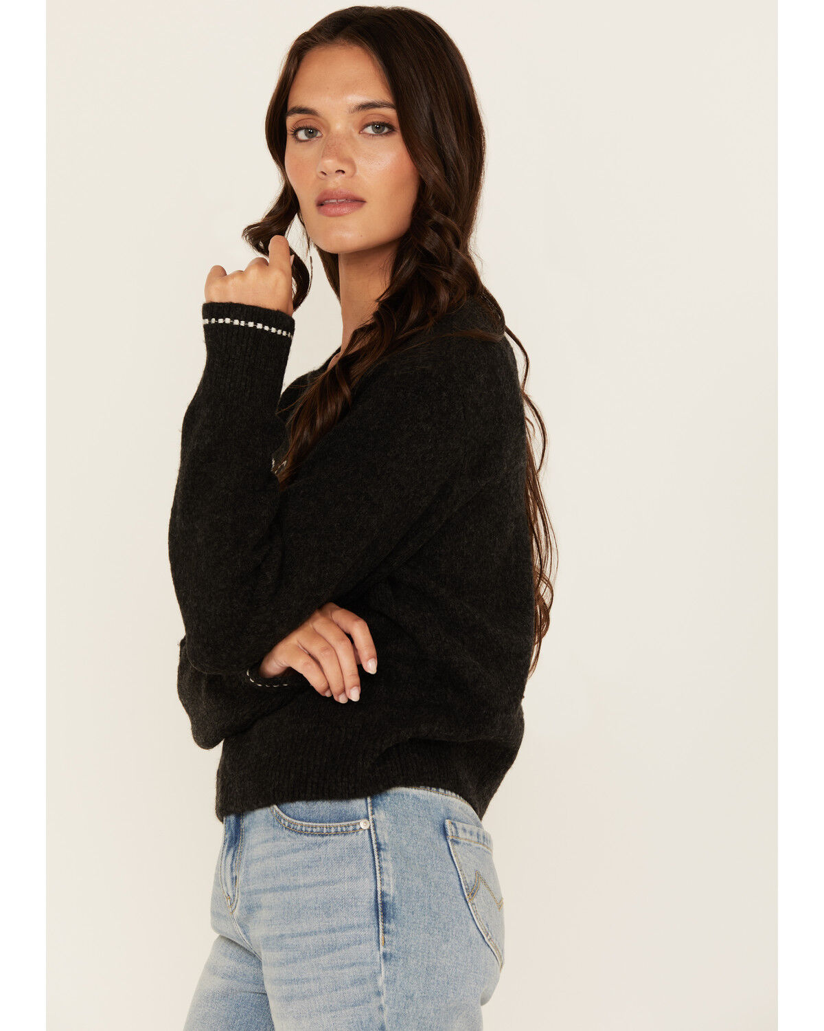 Image #2 - White Crow Women's Howdy Stitched Long Sleeve Sweater, Black, hi-res