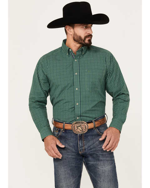 Image #1 - Ariat Men's Emile Checkered Print Long Sleeve Button-Down Performance Shirt, Green, hi-res