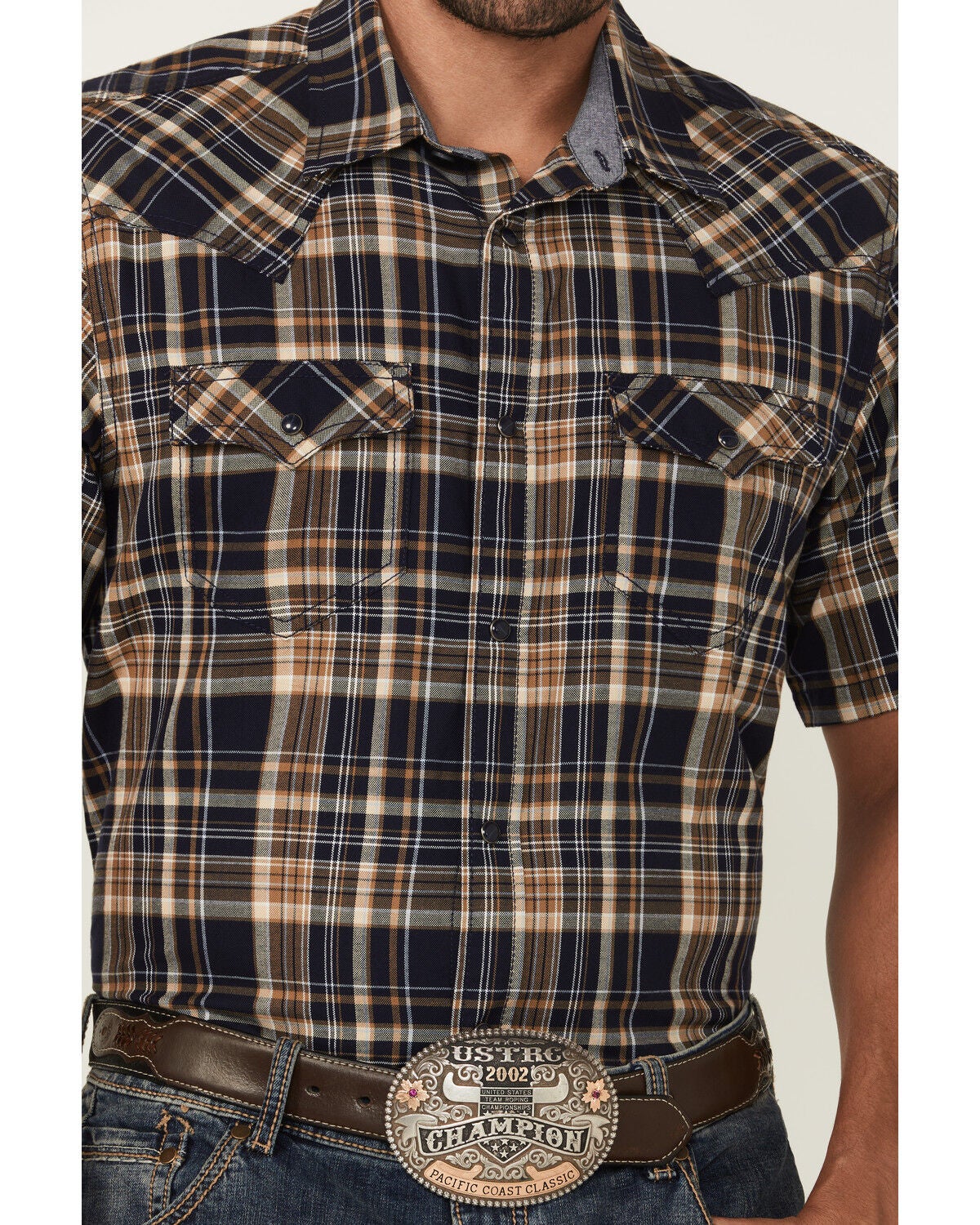 Image #3 - Cody James Men's Rustic Rodeo Plaid Print Short Sleeve Snap Western Shirt, Navy, hi-res