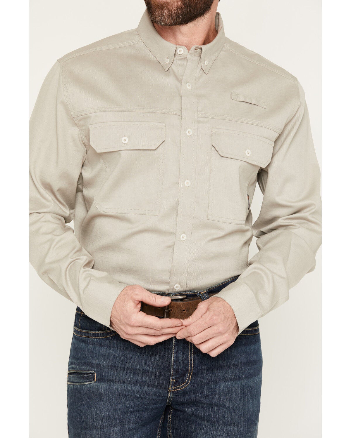 Image #3 - Hawx Men's FR Langdon Solid Long Sleeve Button-Down Work Shirt, Tan, hi-res