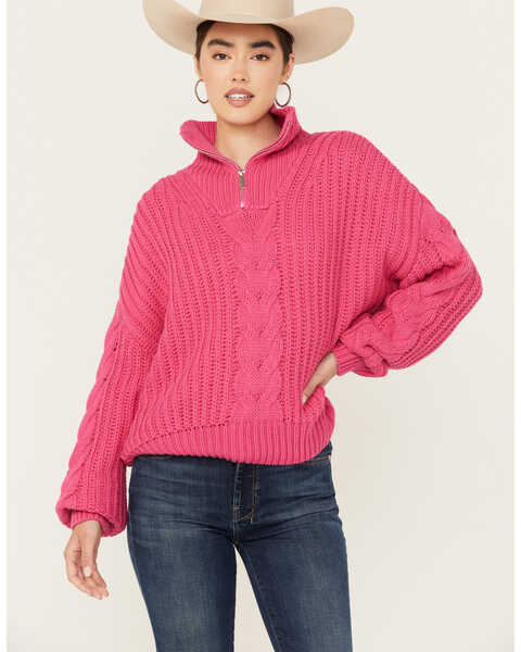 Revel Women's Quarter Zip Cable Knit Sweater, Fuchsia, hi-res
