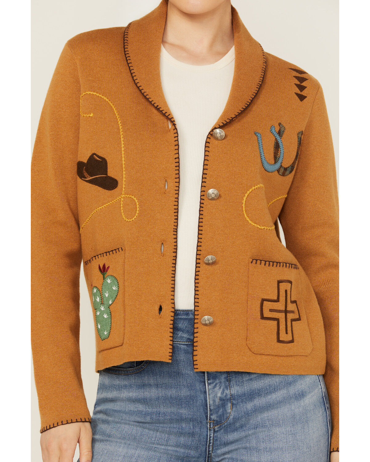 Image #3 - Pendleton Women's Conversational Print Embroidered Cardigan, Brown, hi-res