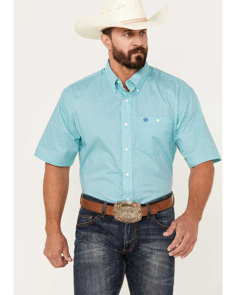 Wrangler Men's Classic Geo Short Sleeve Button-Down Western Shirt, Teal, hi-res