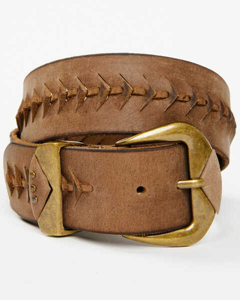 Image #1 - Cleo + Wolf Women's Brass Buckle Lace Detail Western Belt, Brown, hi-res