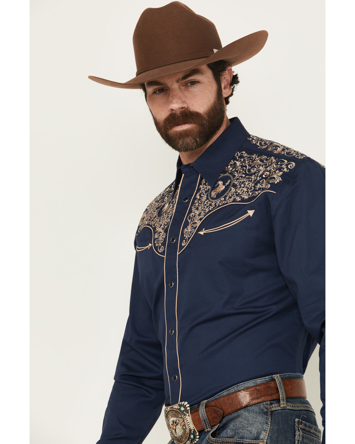 Image #2 - Rodeo Clothing Men's Embroidered Long Sleeve Pearl Snap Western Shirt, Navy, hi-res