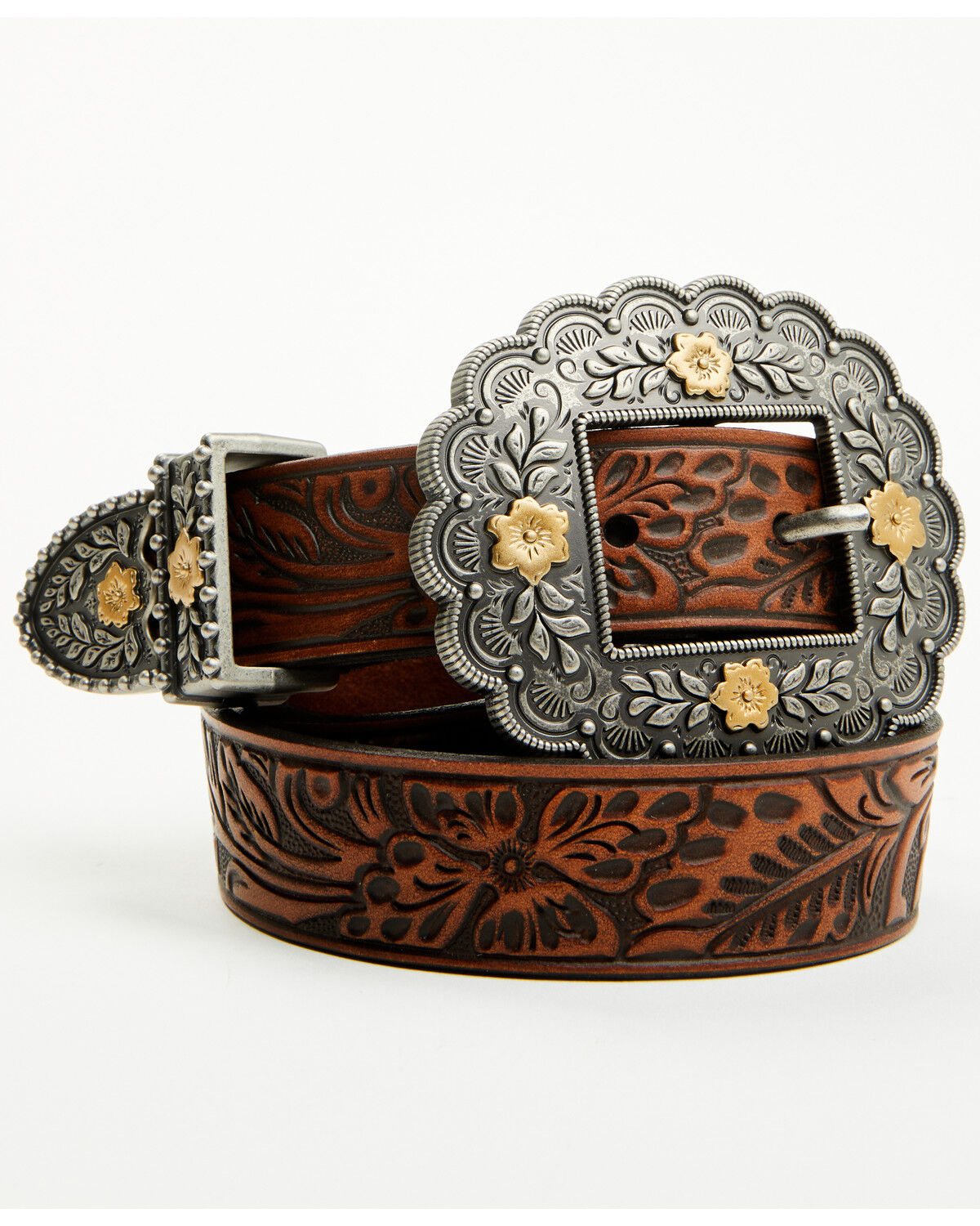 Image #1 - Shyanne Women's Ellery Floral Leather Belt, Brown, hi-res