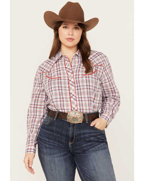 Roper Women's Plaid Print Long Sleeve Pearl Snap Western Shirt - Plus, Multi, hi-res