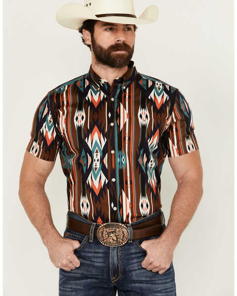 RANK 45® Men's Calvaztec Southwestern Print Short Sleeve Button-Down Stretch Western Shirt , Rust Copper, hi-res