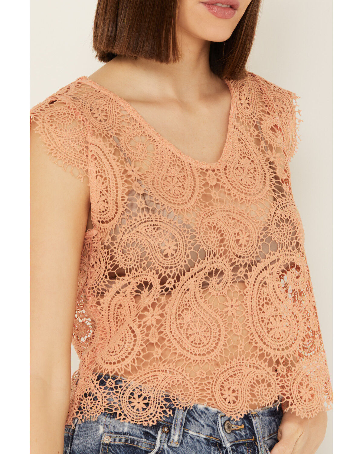 Image #2 - Rock & Roll Denim Women's Paisley Lace Sleeveless Tank, Peach, hi-res
