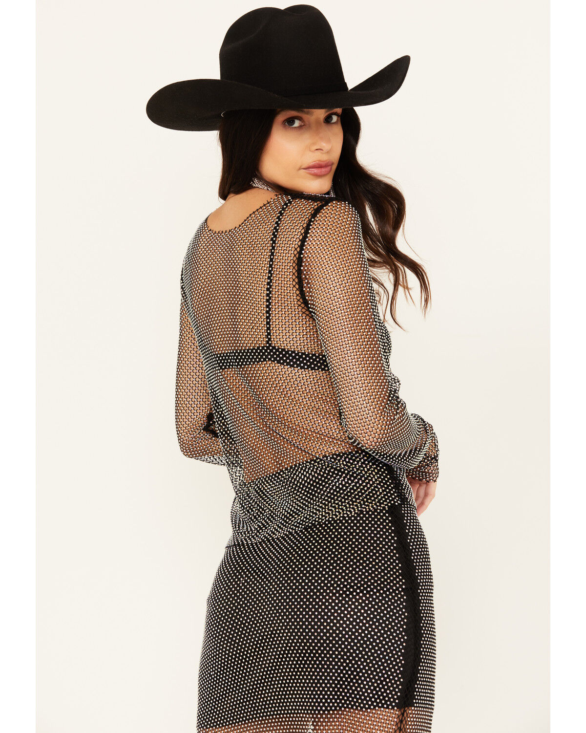 Image #5 - Rock & Roll Denim Women's Rhinestone Mesh Long Sleeve Top, Black, hi-res
