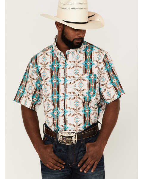 Panhandle Men's Performance Southwestern Print Short Sleeve Button-Down Western Shirt , Teal, hi-res