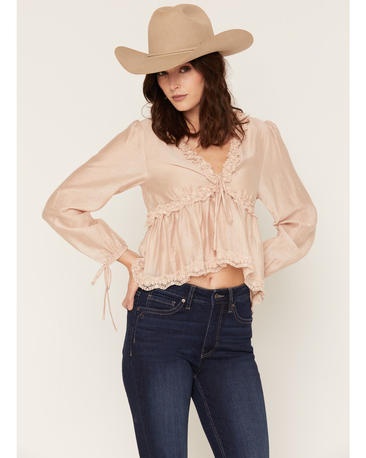Image #1 - Rosabelle Honey Women's Long Sleeve Ruffle Lace Blouse, Nude, hi-res