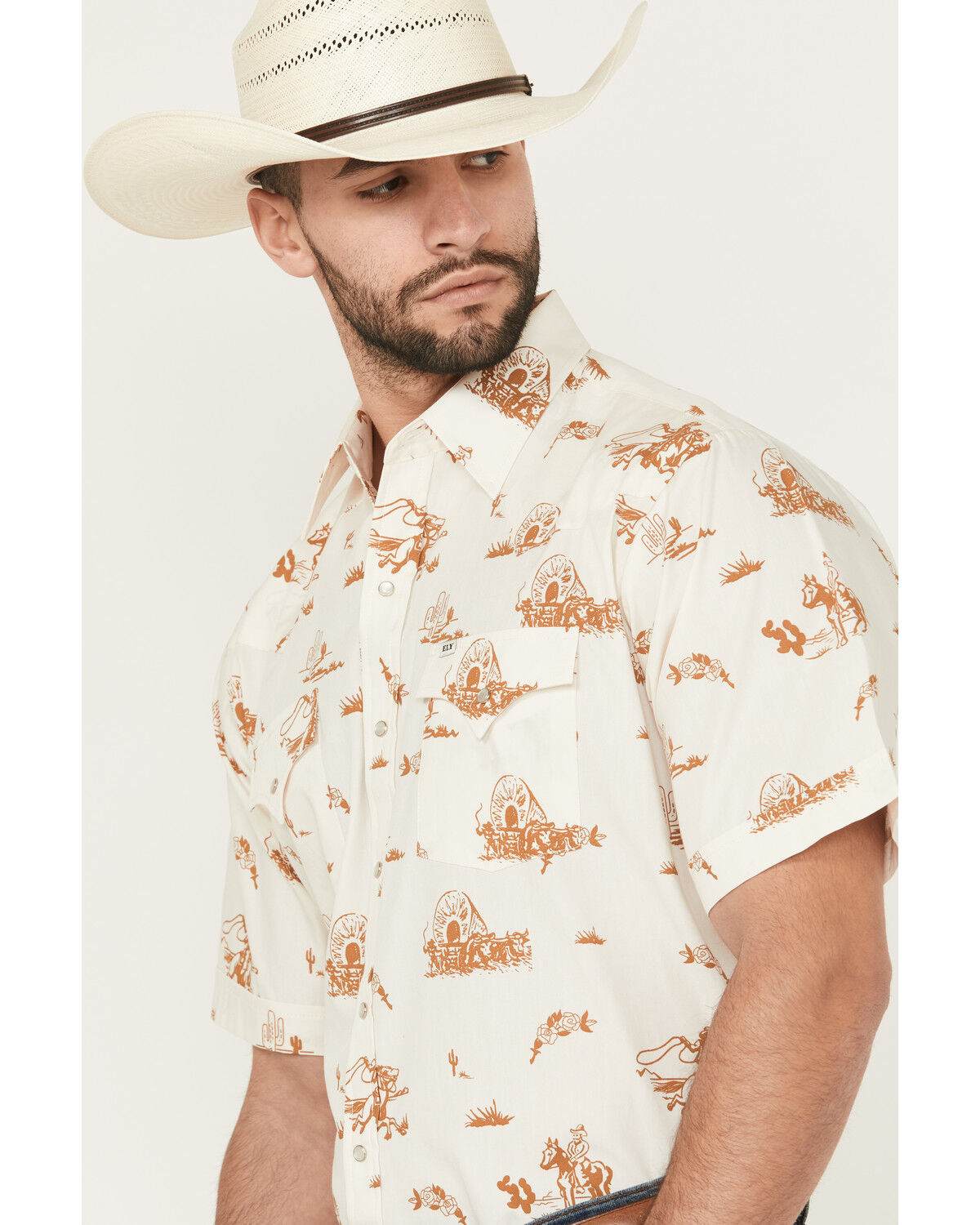 Image #2 - Ely Walker Men's Horse Print Short Sleeve Pearl Snap Western Shirt, Cream, hi-res