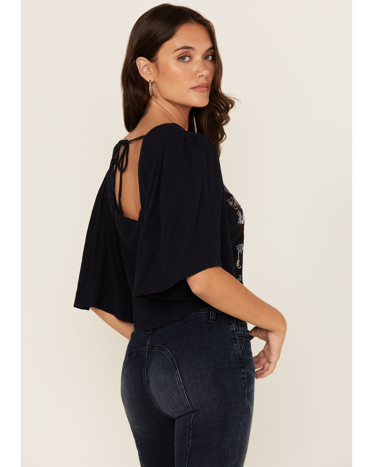 Image #4 - Shyanne Women's Embroidered Short Sleeve Cropped Blouse, Indigo, hi-res