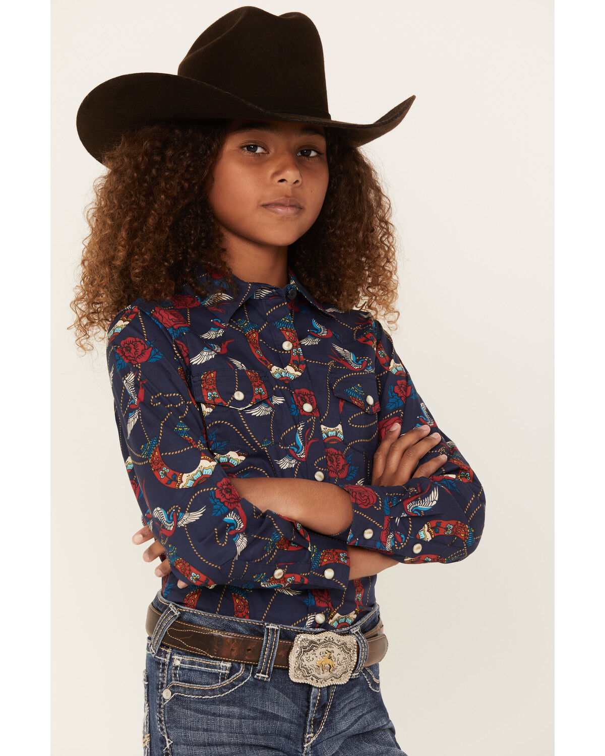Image #2 - Ariat Girls' Ropey Rose Print Long Sleeve Shirt, Navy, hi-res
