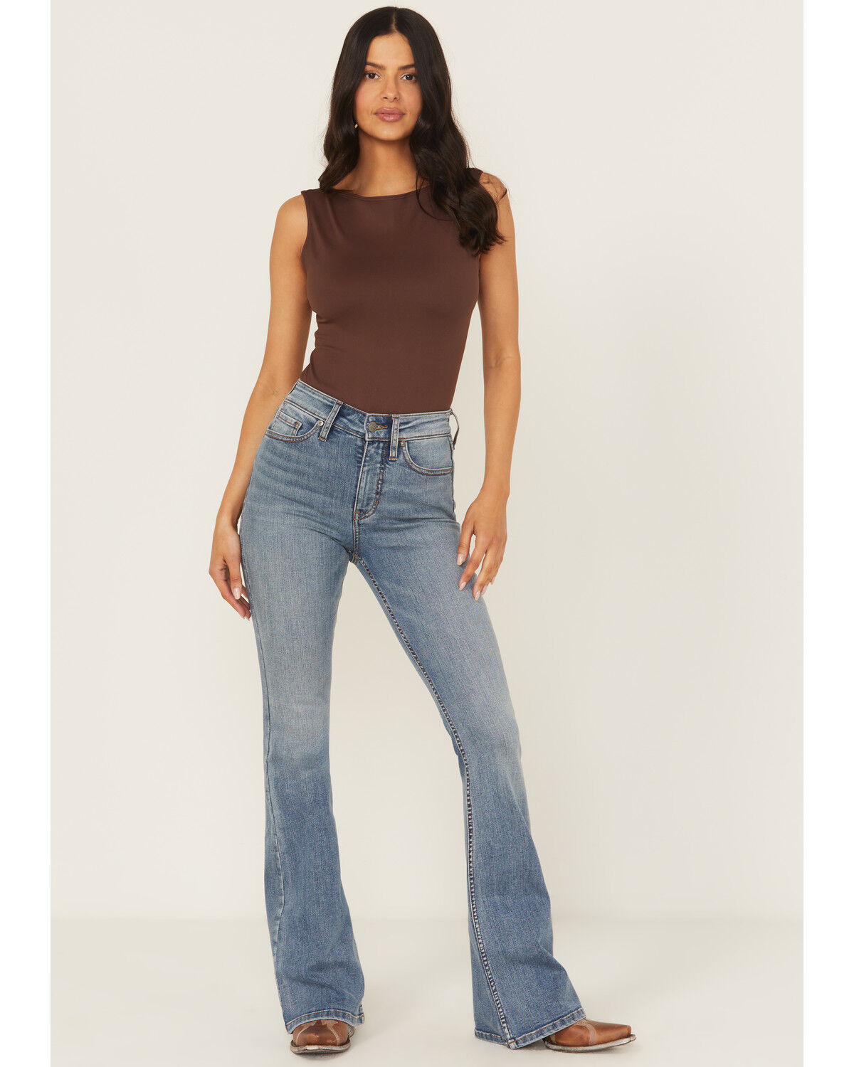 Image #1 - Shyanne Women's Luna High Rise Flare Super Stretch Denim Jeans, Medium Wash, hi-res