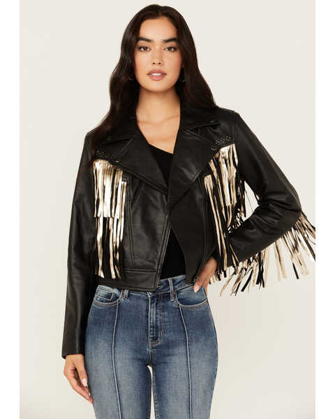 Idyllwind Women's Sparks Studded Thunderbird Fringe Leather Jacket , Black, hi-res