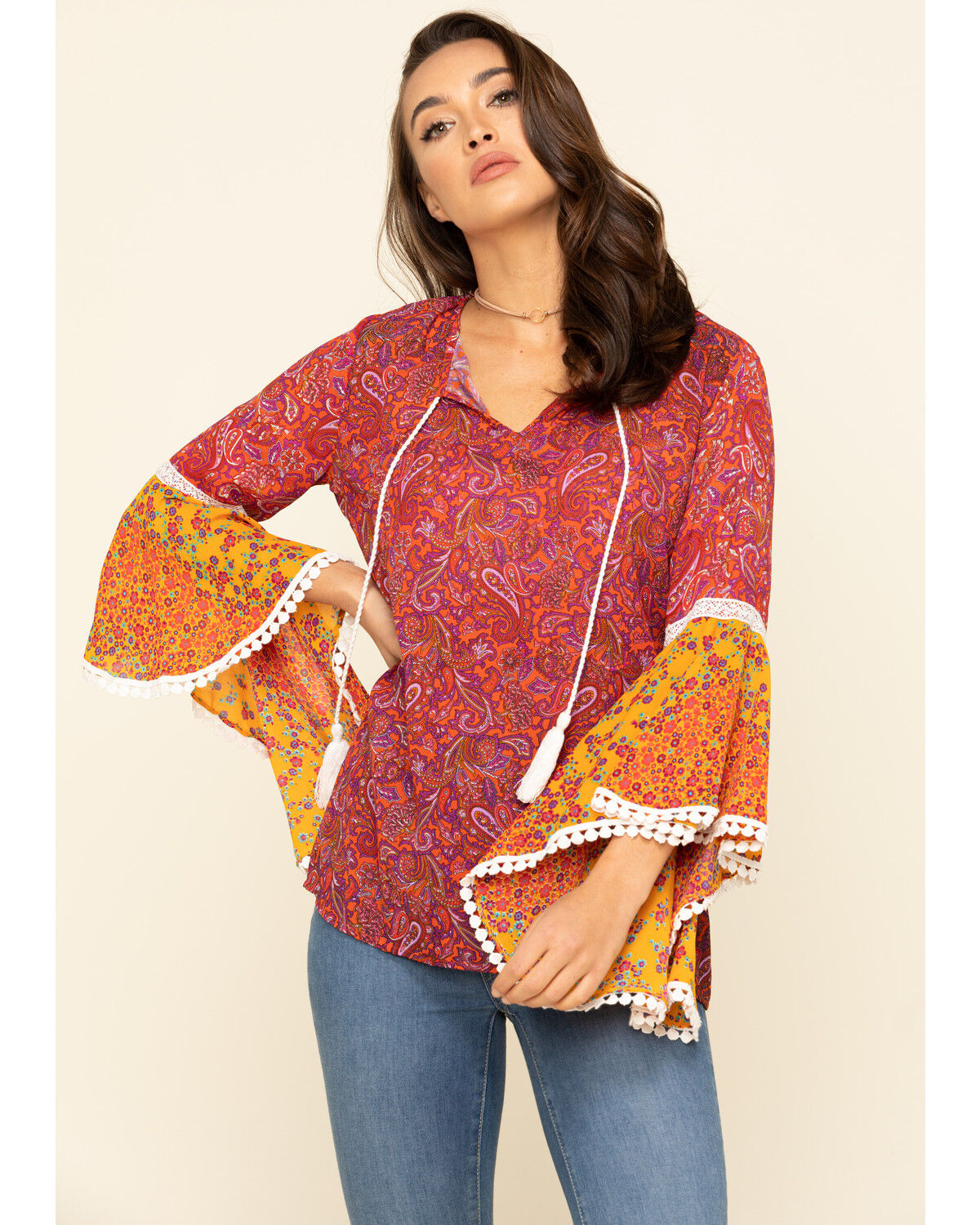 Image #1 - Red Label by Panhandle Women's Print Bell Sleeve Top, Dark Pink, hi-res