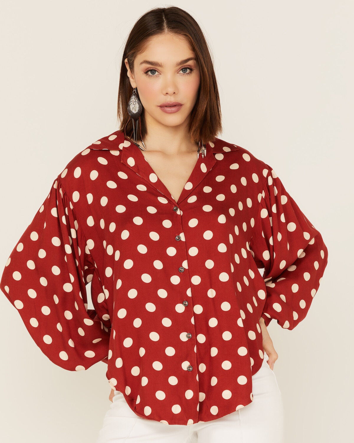 Maggie Sweet Women's Almeria Polka Dot Long Sleeve Button Down Shirt, Red, hi-res