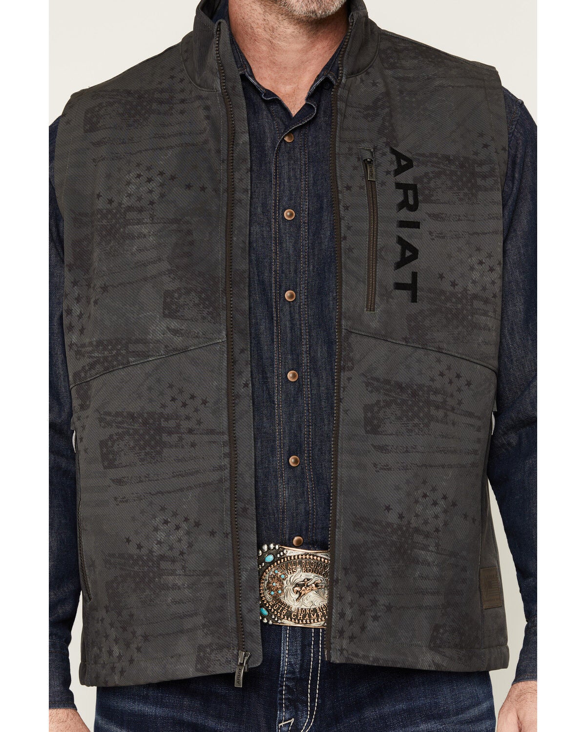 Image #3 - Ariat Men's Americana Flag Print Softshell Vest, Charcoal, hi-res