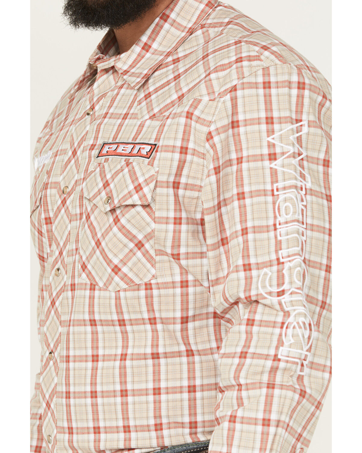 Image #3 - Wrangler Men's PBR Plaid Print Long Sleeve Snap Western Shirt, Tan, hi-res