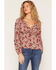 Image #1 - Wild Moss Women's Floral Print Ruffle Long Sleeve Top, Burgundy, hi-res