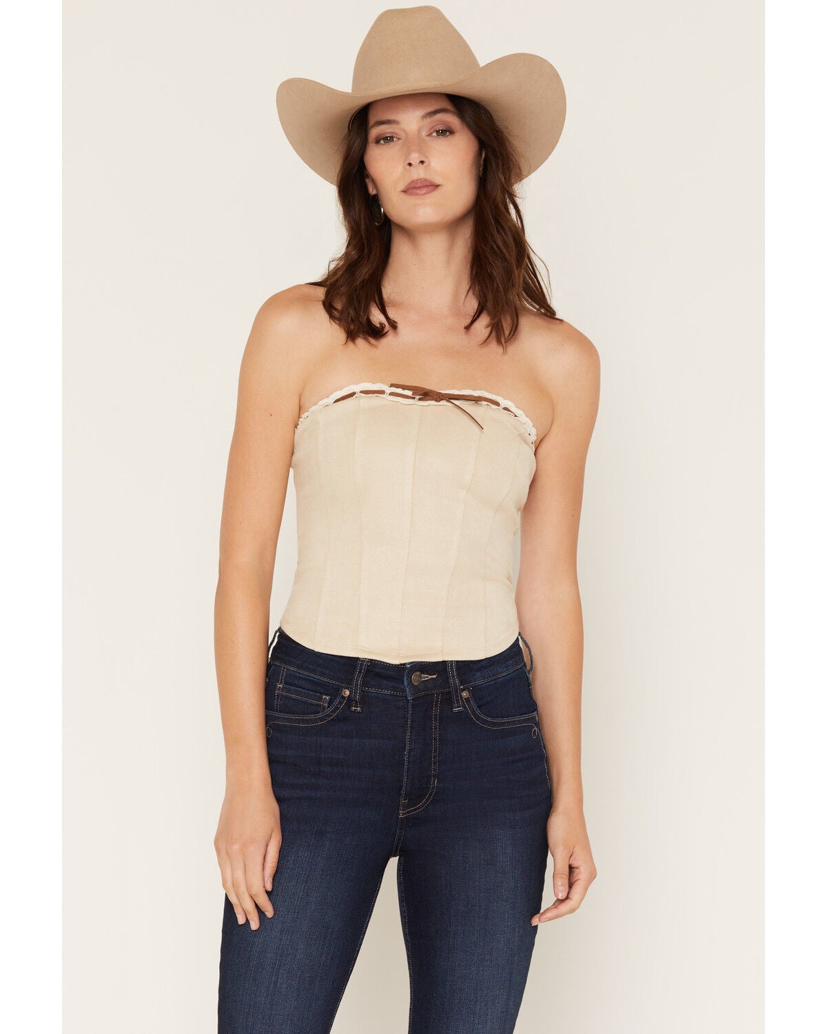 Cleo + Wolf Women's Faux Suede Ribbon Corset Cropped Top, Ivory, hi-res