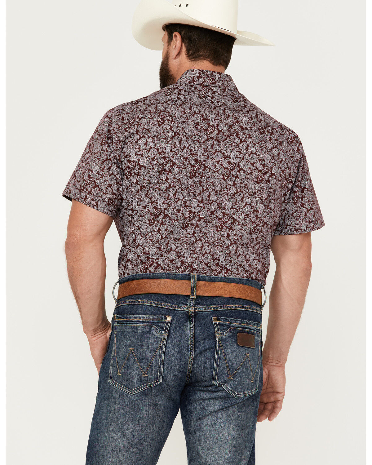 Image #4 - Rodeo Clothing Men's Paisley Print Short Sleeve Snap Western Shirt, Burgundy, hi-res