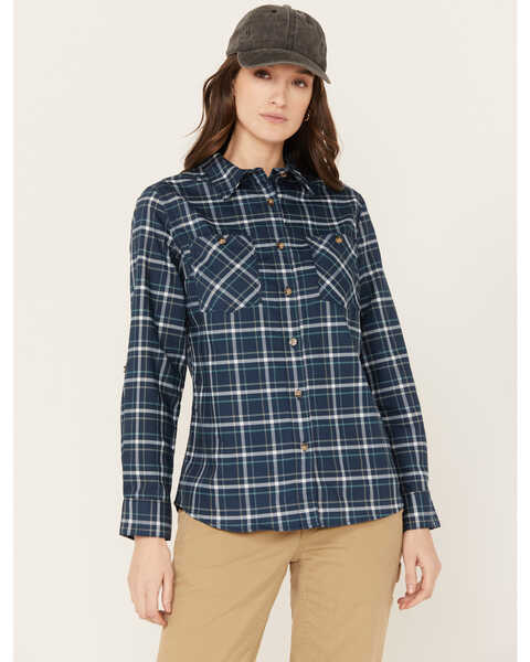 Wrangler Riggs Workwear Women's Plaid Print Long Sleeve Button Down Shirt, Navy, hi-res