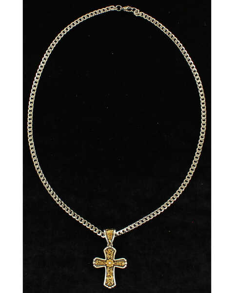 Twister Men's Floral Cross Antique Gold Necklace , Silver, hi-res