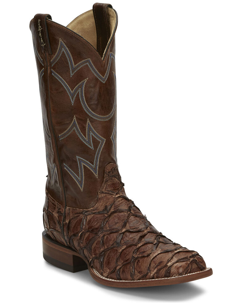 Justin Men's Marina Chocolate Exotic Pirarucu Western Boots Wide Square Toe Country Outfitter