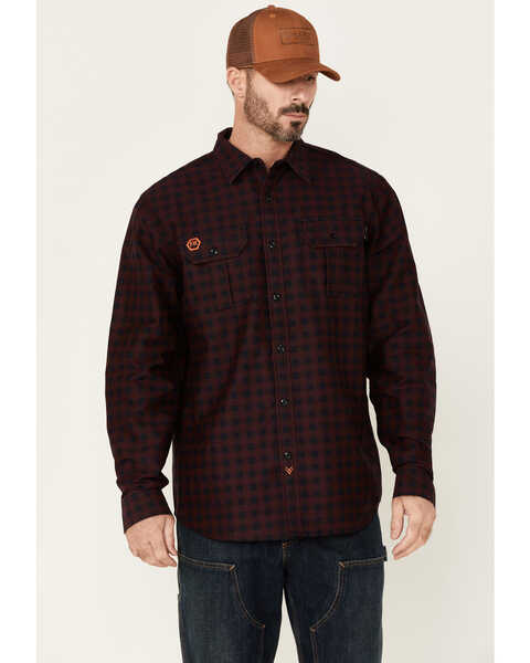 Hawx Men's FR Check Plaid Print Long Sleeve Button Down Work Shirt - Tall , Wine, hi-res