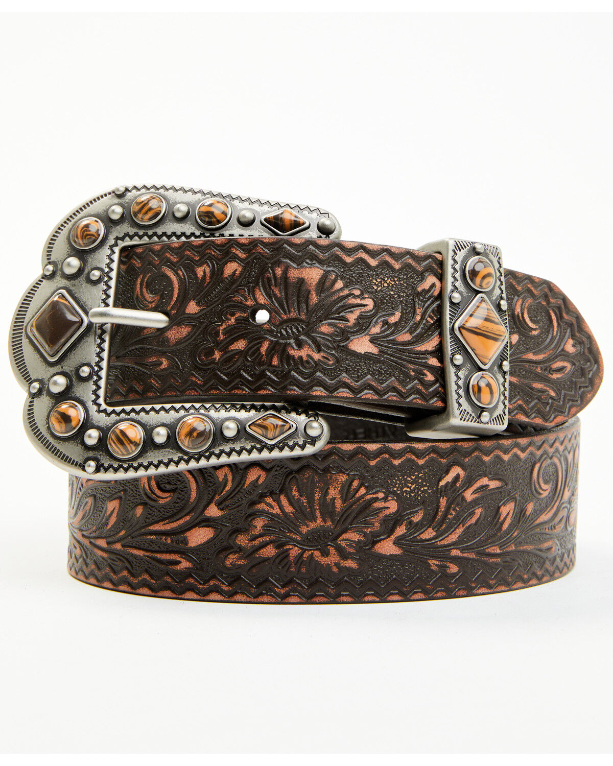 Image #1 - Shyanne Women's Stone Buckle Tooled Belt, Brown, hi-res