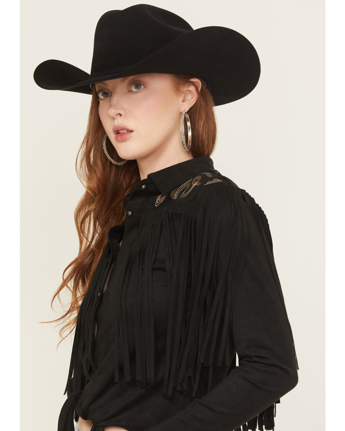 Image #2 - Idyllwind Women's McKinney Faux Suede Long Sleeve Fringe Top, Black, hi-res