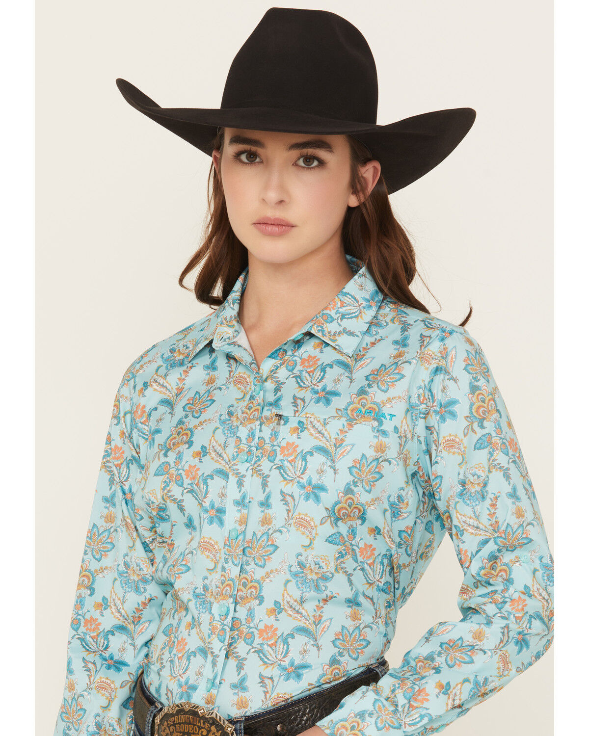 Image #1 - Ariat Women's VentTEK Floral Paisley Print Long Sleeve Button-Down Stretch Western Shirt, Turquoise, hi-res
