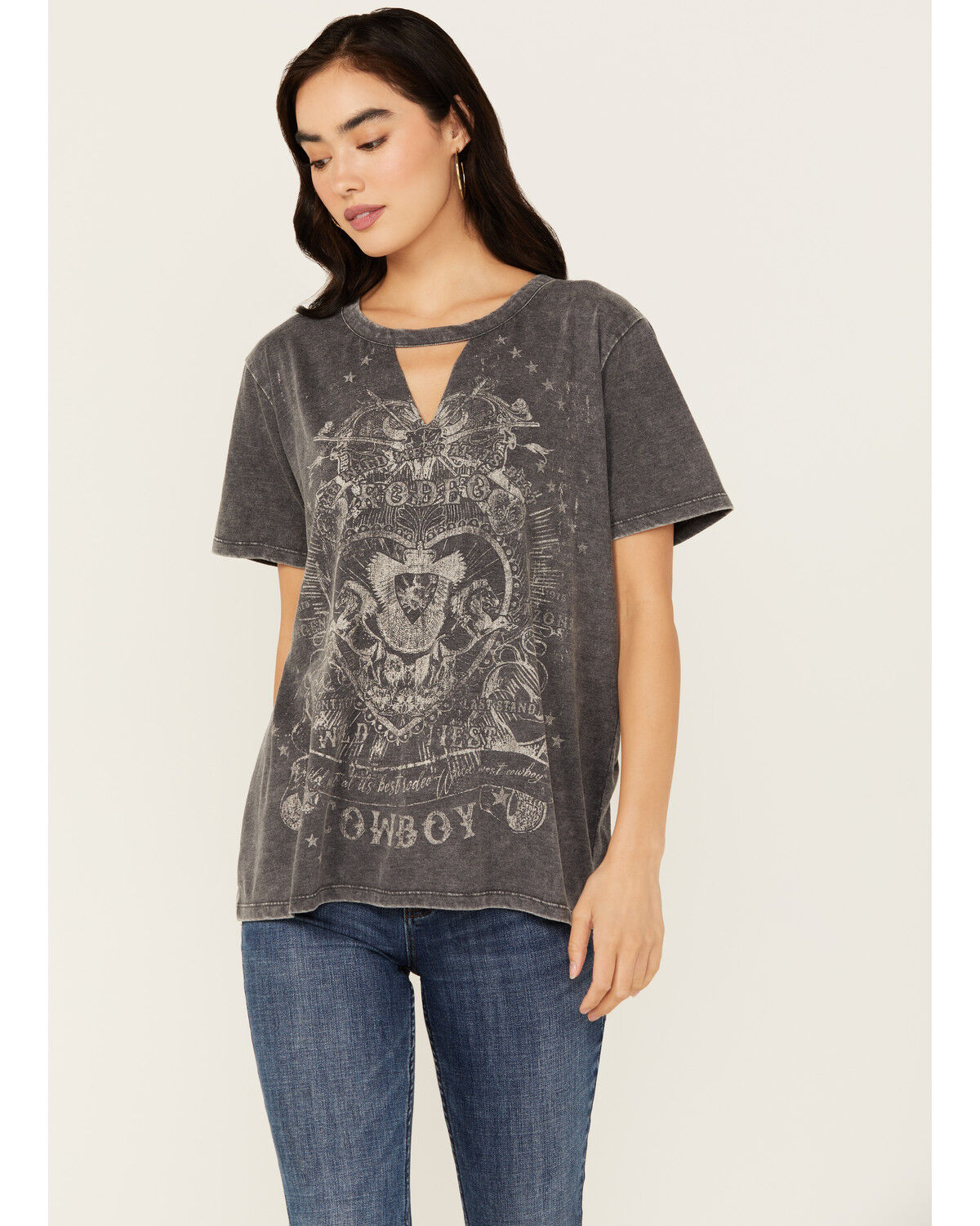Image #1 - Blended Women's Rodeo Cowboy Cutout Short Sleeve Graphic Tee, Black, hi-res