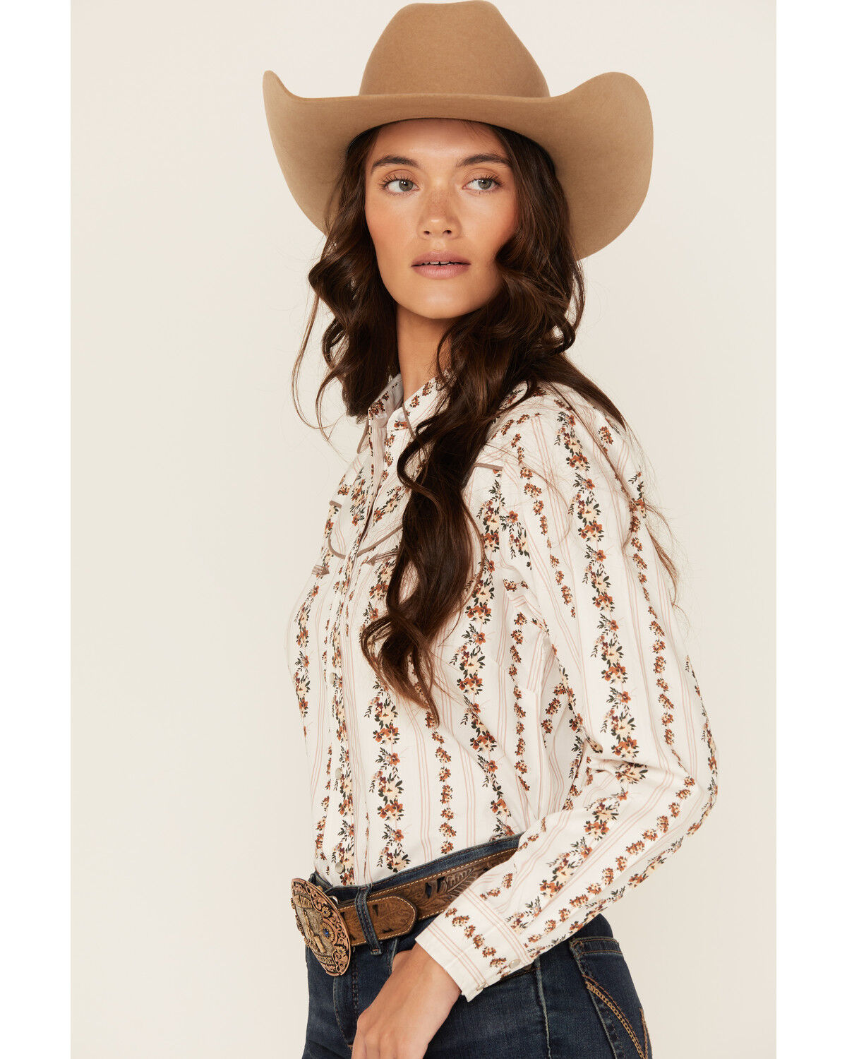 Image #2 - Ely Walker Women's Floral Wallpaper Print Long Sleeve Snap Stretch Western Shirt, Off White, hi-res