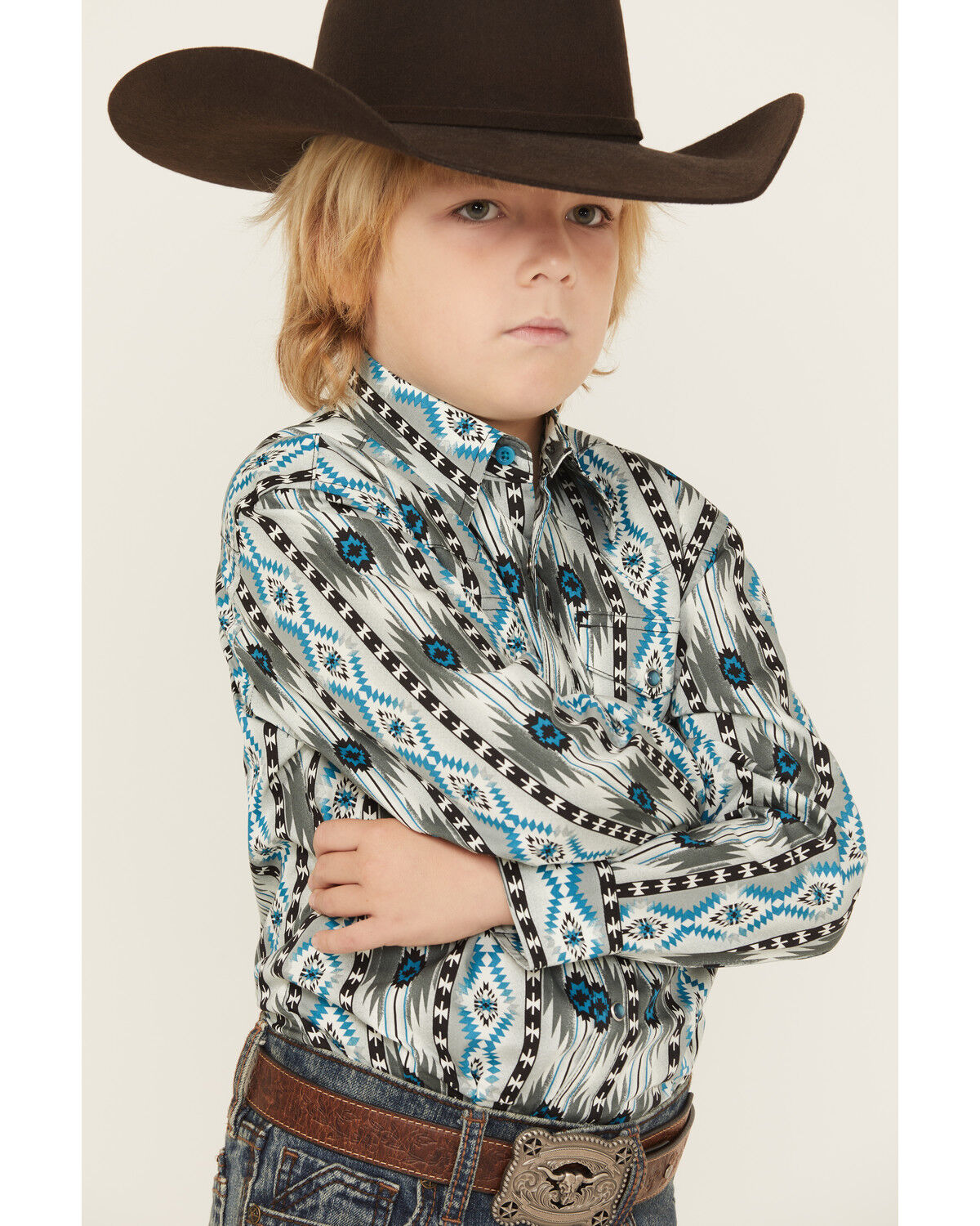 Image #3 - Wrangler Boys' Checotah Southwestern Print Long Sleeve Snap Western Shirt, Grey, hi-res