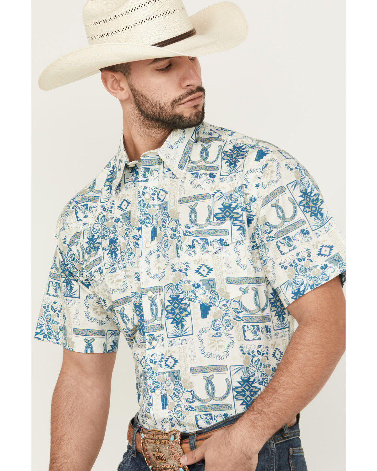 Image #2 - Roper Men's West Made Print Short Sleeve Snap Western Shirt, Cream, hi-res