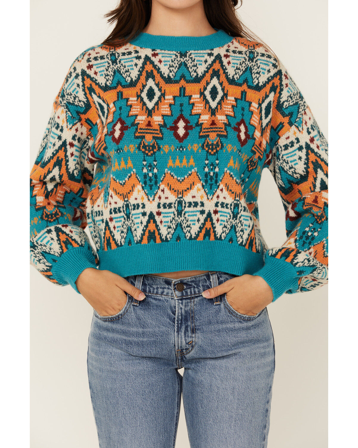 Image #3 - Rock & Roll Denim Women's Southwestern Print Sweater, Blue, hi-res
